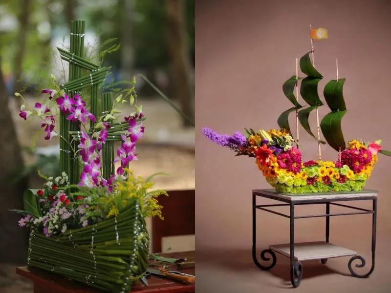 Cắm hoa 20/11 sáng tạo với hoa hồng và lily trên dáng thuyền gỗ mộc mạc
