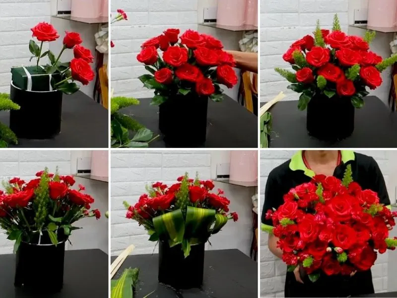 Hướng dẫn chi tiết các bước cắm hoa hồng dạng tỏa tròn trong giỏ