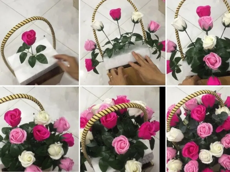 Các bước thực hiện cắm giỏ hoa hồng nhiều màu đơn giản nhưng đẹp mắt