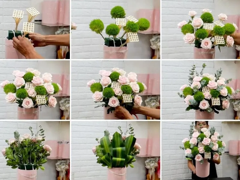 Hướng dẫn cắm hoa hồng kem kết hợp wicky và các phụ liệu tạo vẻ đẹp thanh lịch