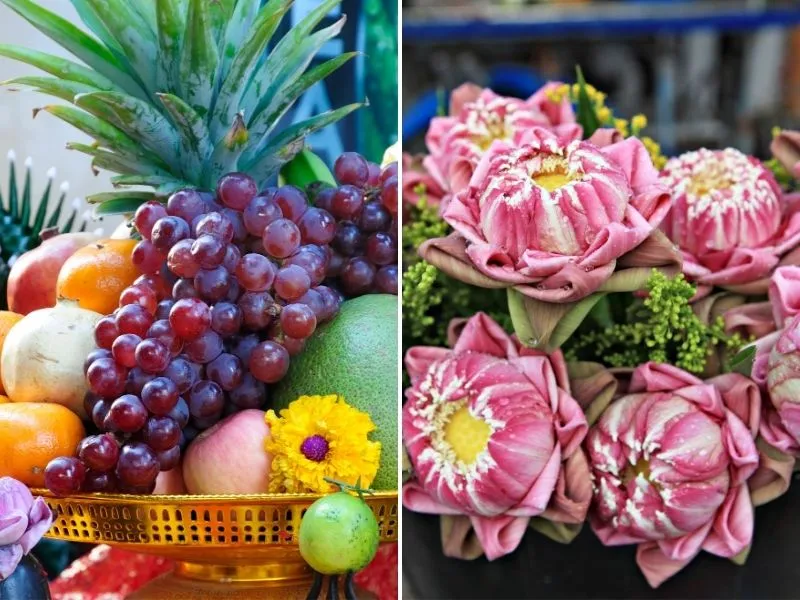 Mâm lễ vật cúng Mẹ Diêu Trì trang trọng với hoa quả, nhang đèn thể hiện lòng thành kính