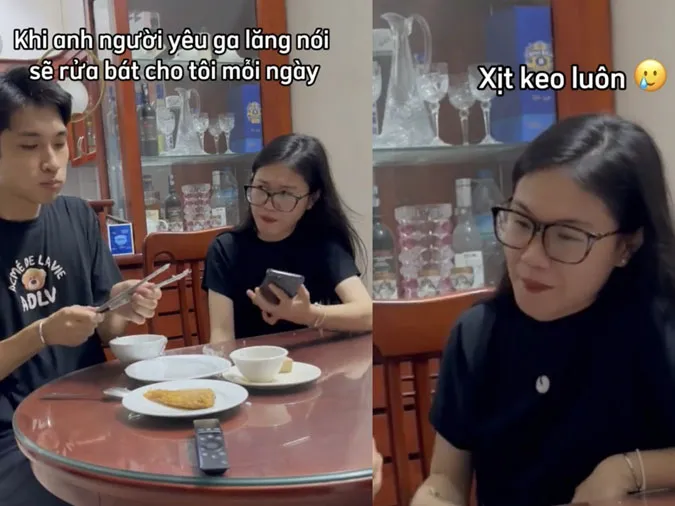 Một cô gái đang ngạc nhiên với cách rửa bát mới lạ của bạn trai, một ví dụ điển hình về trạng thái "xịt keo cứng ngắc"