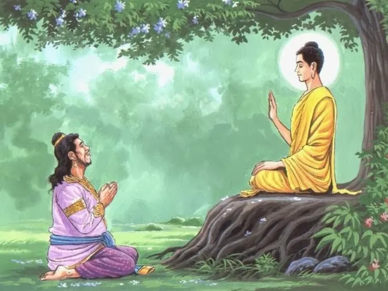 Hình ảnh Đức Phật và môn đồ, minh họa điển tích về việc buông bỏ chấp niệm trong Phật pháp.