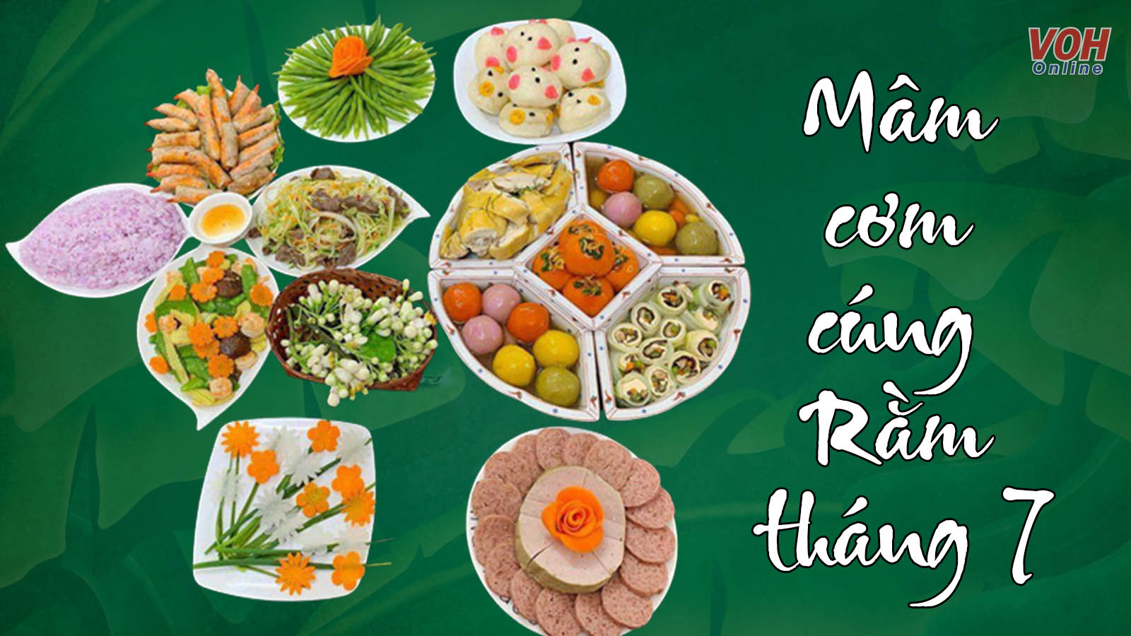 Mâm cúng rằm tháng 7 tươm tất với xôi, gà và các món ăn truyền thống, chuẩn bị cùng văn khấn gia tiên trong ngày Tết Trung Nguyên.