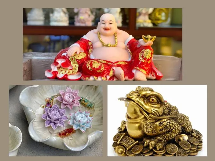 Các vật phẩm phong thủy như Cóc Thiềm Thừ và tượng Phật Di Lặc giúp chiêu tài lộc trên bàn thờ Thần Tài.