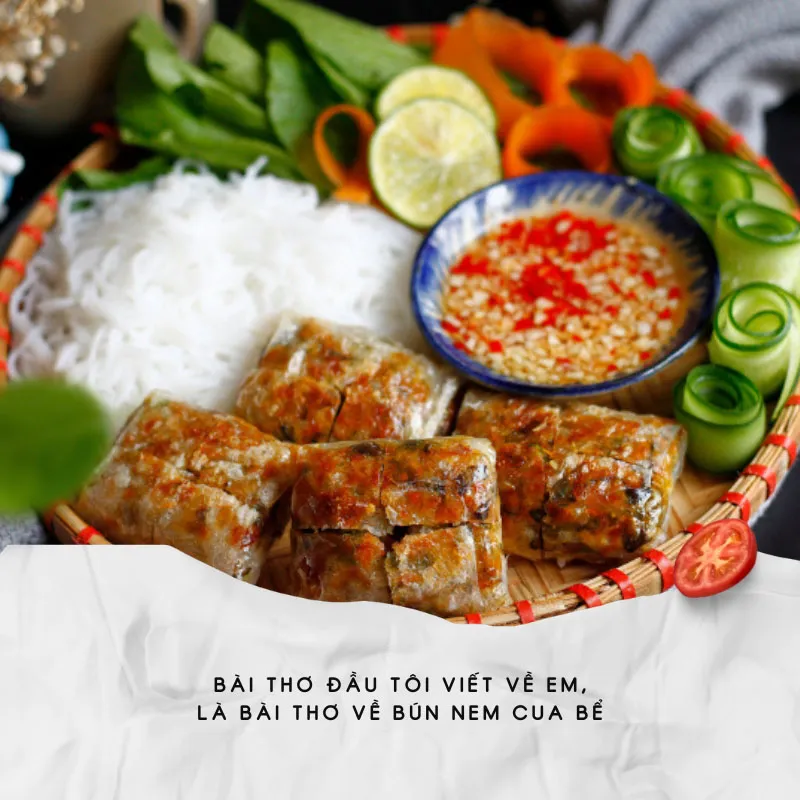 Bún nem cua bể Hải Phòng, đặc trưng với nem cua vuông vắn, giòn rụm.