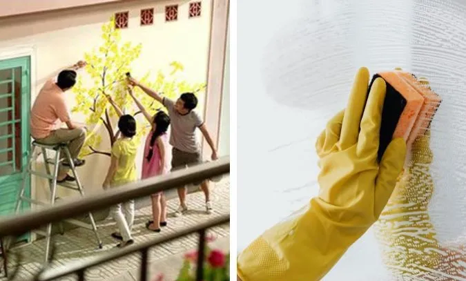 Gia đình sum vầy dọn dẹp nhà cửa đón Tết, thể hiện nét đẹp của Tết xưa và Tết nay