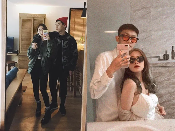 Cặp đôi tạo dáng ngọt ngào trước gương, ý tưởng chụp ảnh Valentine đơn giản nhưng đầy ấm áp tại nhà