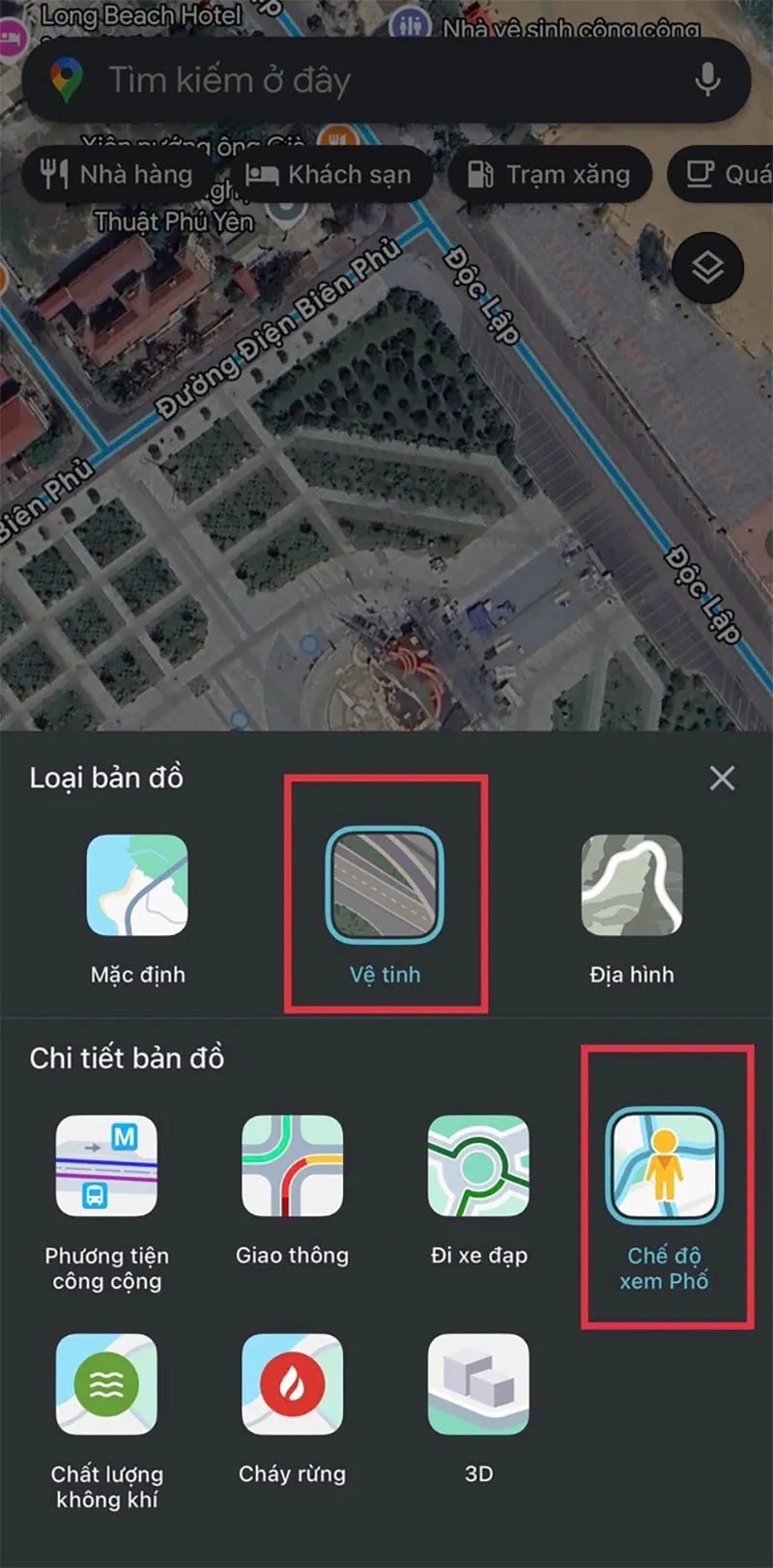 Chọn chế độ xem Vệ tinh và Chế độ xem phố