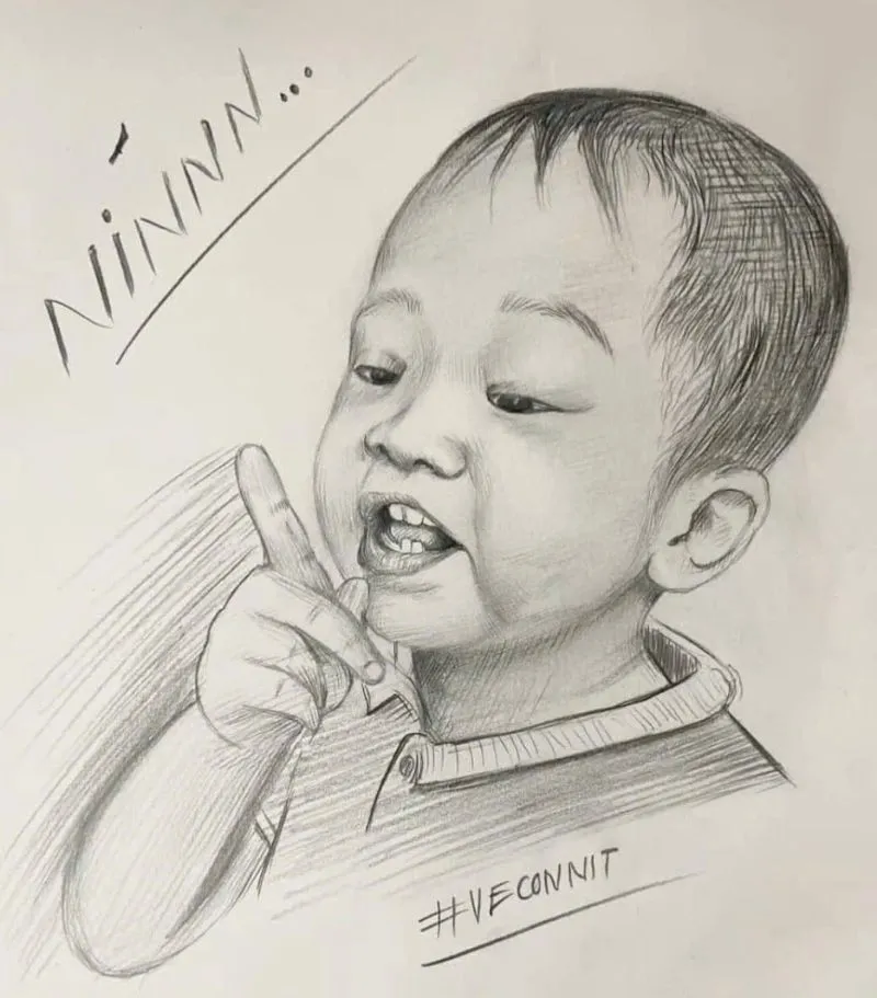 Tranh vẽ biểu cảm dễ thương của bé Sữa khi nhại lại hành động "nín" của cô giáo, một phần của văn hóa meme