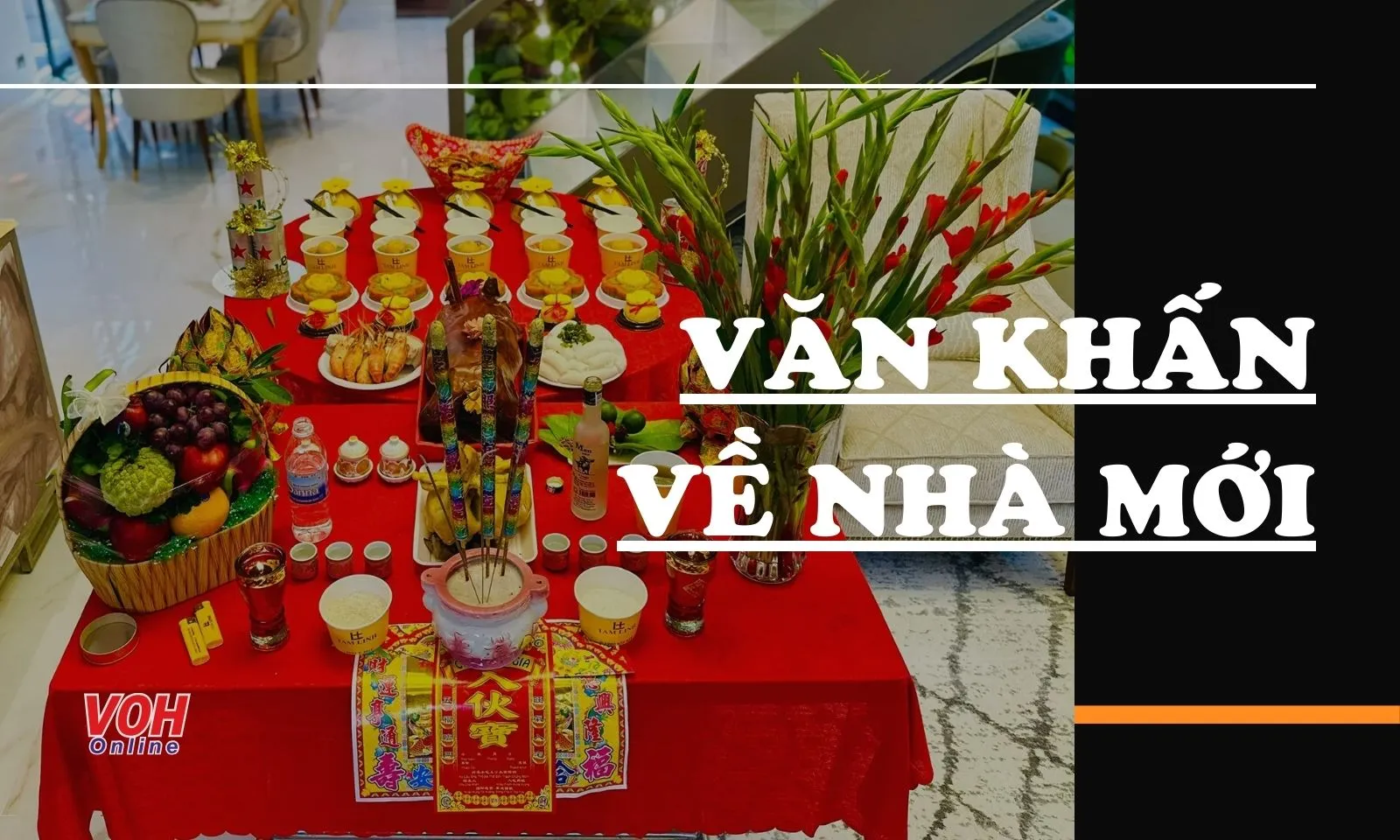 Gia đình làm lễ nhập trạch nhà mới, chuẩn bị mâm cúng và đọc văn khấn gia tiên, cầu mong bình an và thịnh vượng cho ngôi nhà.