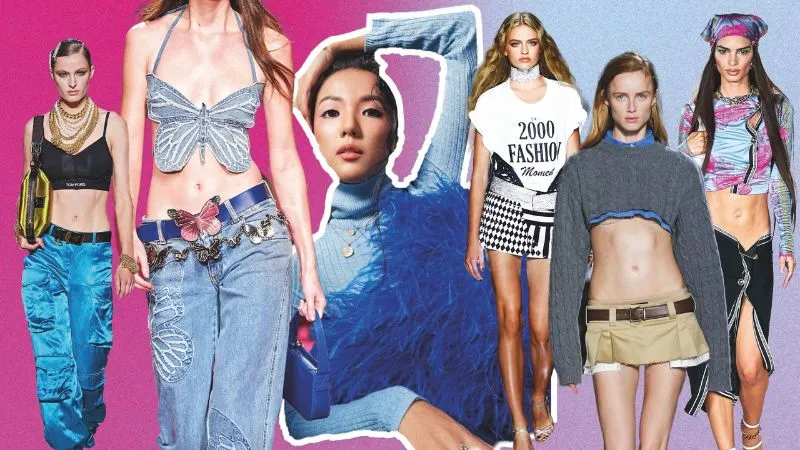 Người mẫu trình diễn phong cách thời trang Y2K với sự kết hợp của nhiều màu sắc tươi sáng, chất liệu ánh kim và phụ kiện độc đáo, tái định hình xu hướng