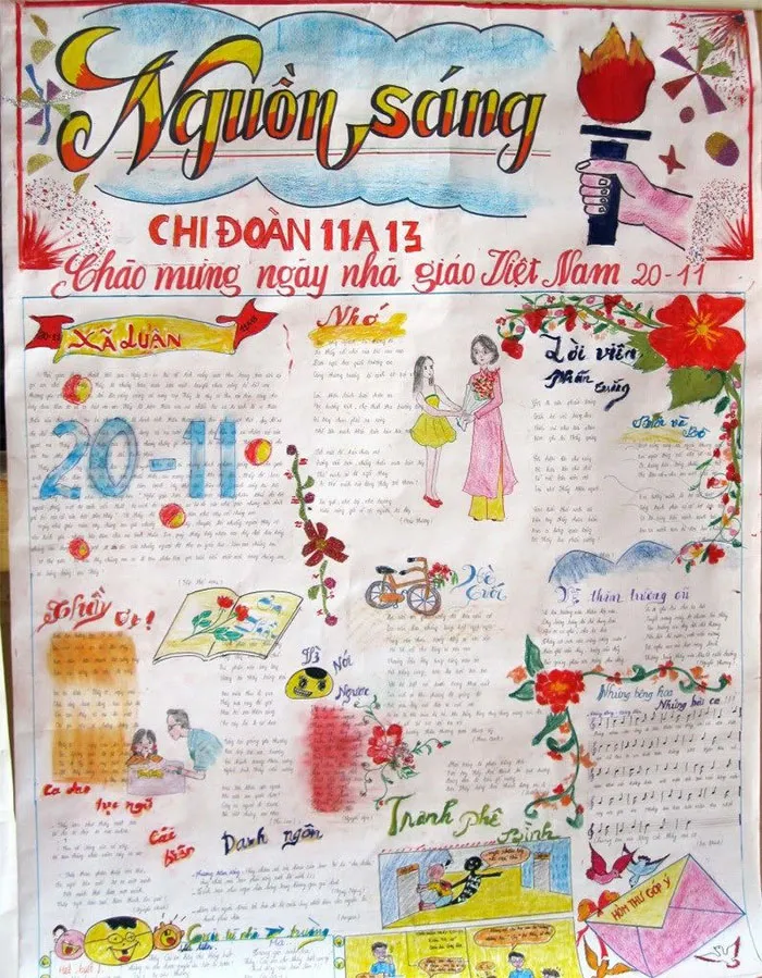 Học sinh đang hăng say làm báo tường cho ngày 20/11, thể hiện tinh thần đoàn kết và sáng tạo.