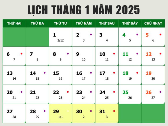 Lịch tháng 1 năm 2025 Dương lịch hiển thị ngày Tết Nguyên đán 2025