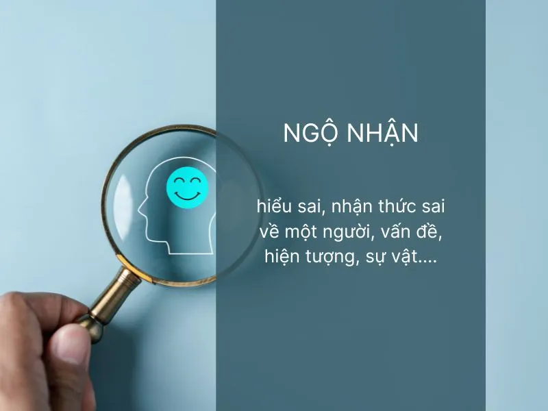 Minh họa khái niệm ngộ nhận là gì với hình ảnh một người phụ nữ nhìn vào gương với khuôn mặt méo mó, thể hiện sự sai lệch trong nhận thức bản thân