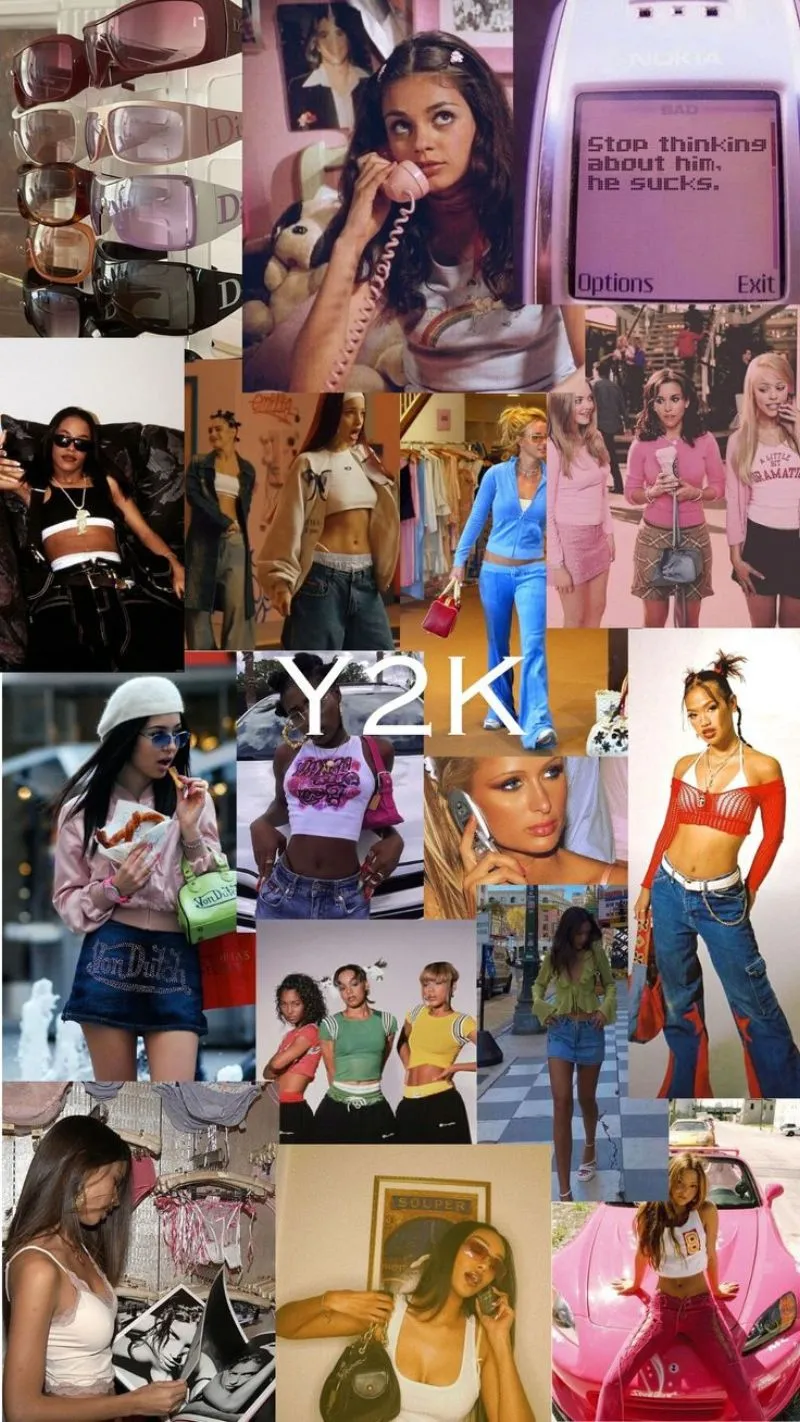 Mẫu nữ tạo dáng trong trang phục thời trang Y2K với áo croptop lấp lánh và quần ống rộng, thể hiện sự nổi bật và cá tính trong xu hướng Y2K