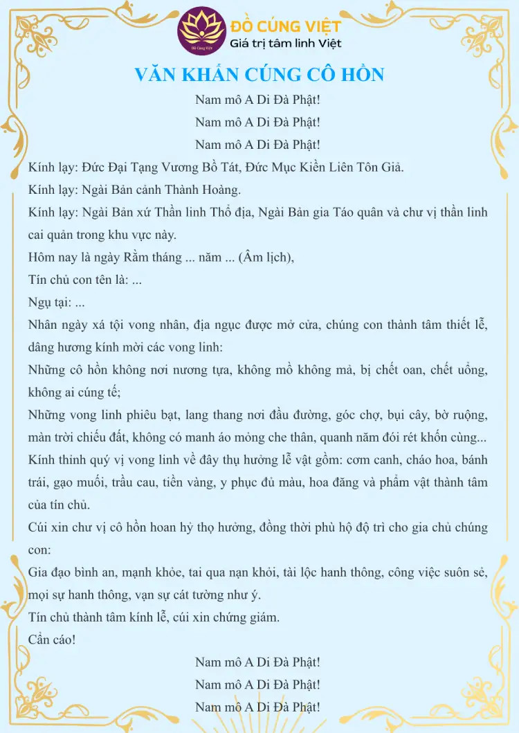 Bài văn khấn cúng cô hồn hàng tháng và tháng 7