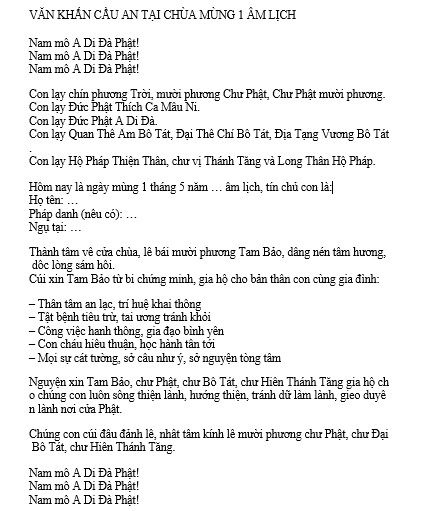 Bài văn khấn đi chùa mùng 1 tháng 5 âm lịch cầu an cho bản thân, gia đình