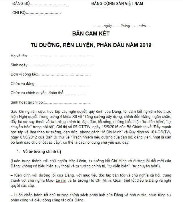 Bản cam kết tu dưỡng rèn luyện phấn đấu của Đảng viên