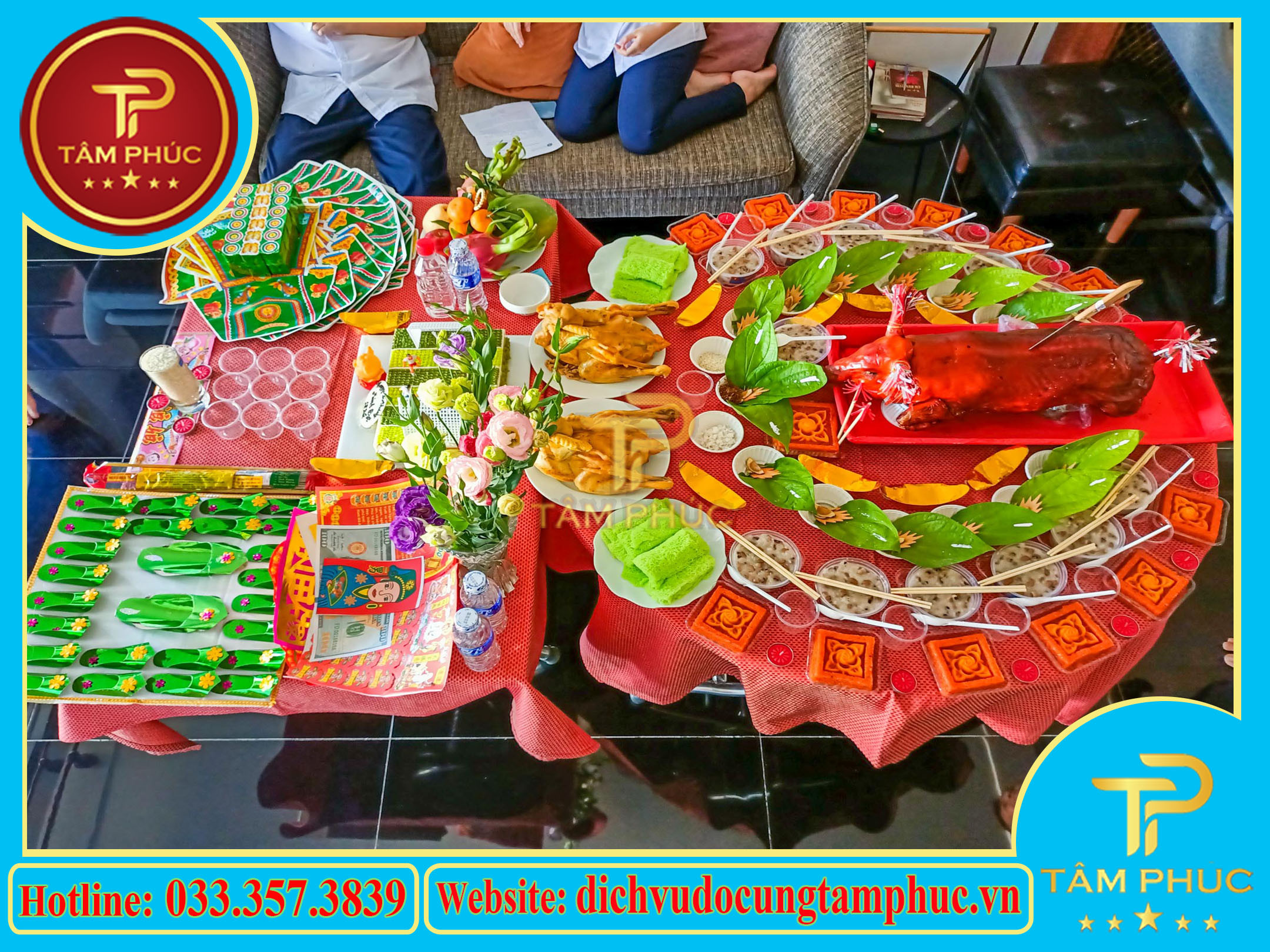 Hình ảnh mâm cúng đầy tháng bé trai được chuẩn bị tươm tất