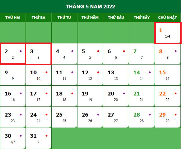 Minh họa lịch nghỉ lễ 30/4 và 1/5 theo quy định pháp luật