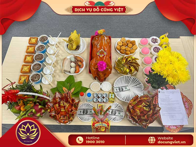 Mâm lễ vật cúng khai trương quán ăn đầy đủ và trang nghiêm
