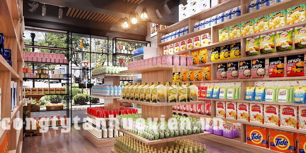 Một quầy hàng siêu thị với nhiều loại bánh kẹo và đồ ăn nhập khẩu