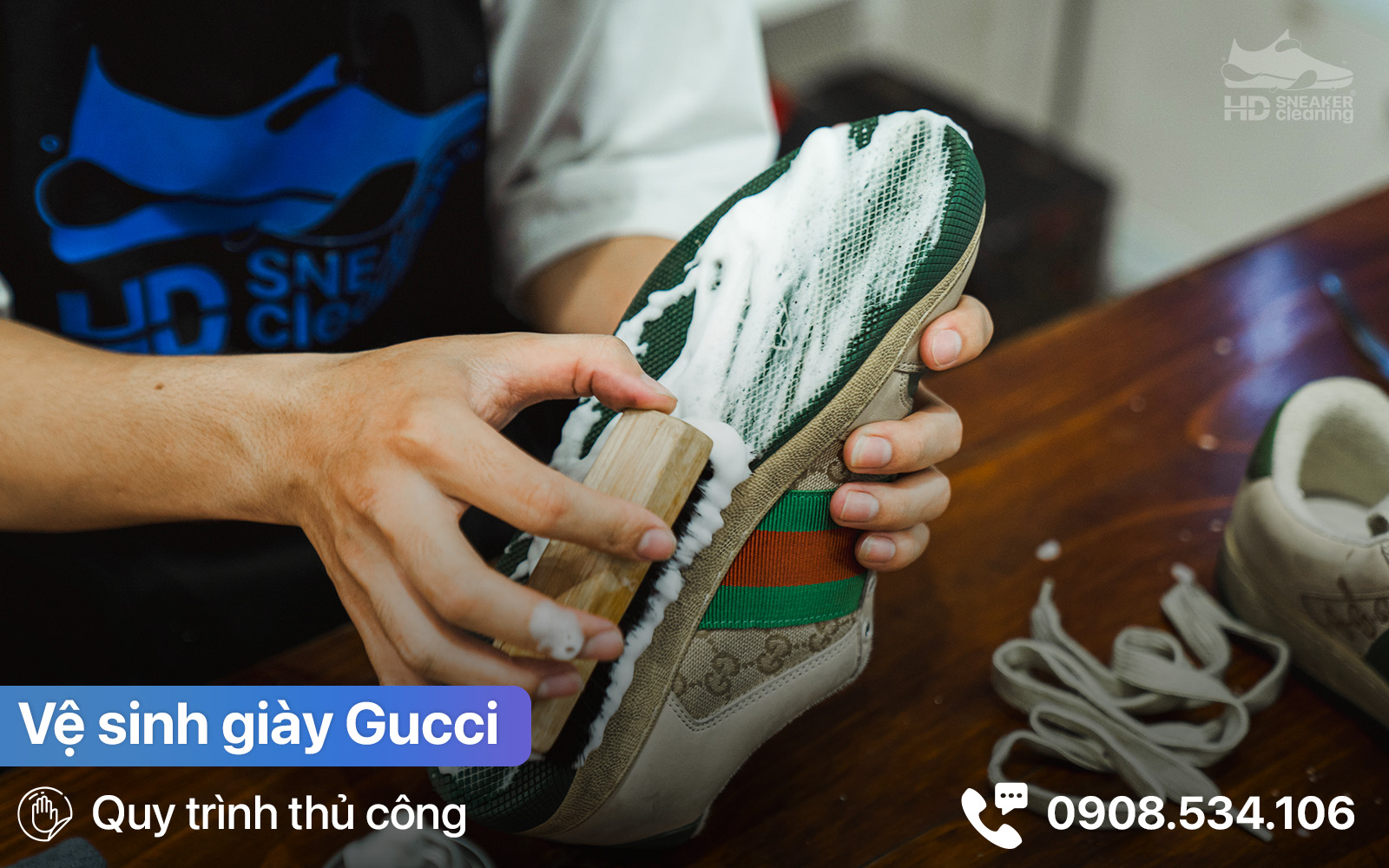 Quy trình vệ sinh giày sneaker cao cấp thương hiệu Gucci tại TPHCM