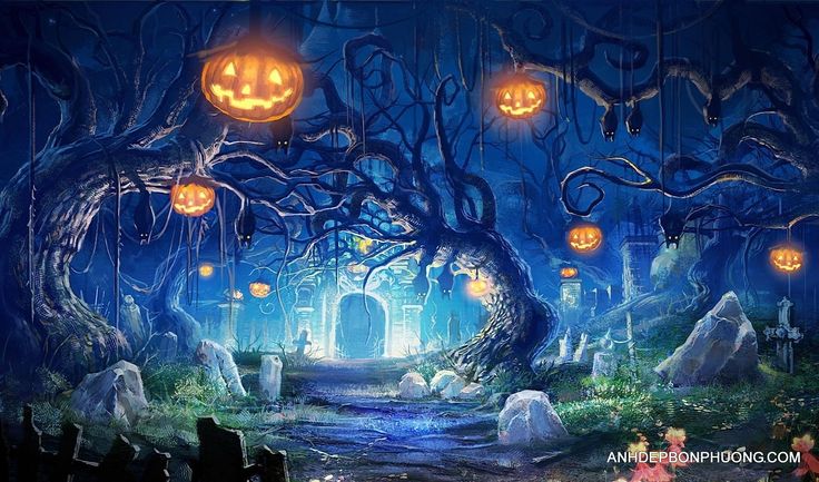 Hình nền Halloween rừng ma quái dưới ánh trăng huyền bí