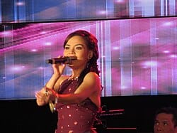 Hình ảnh ca sĩ Ngọc Sơn mặc áo trắng, biểu diễn trên sân khấu năm 2015