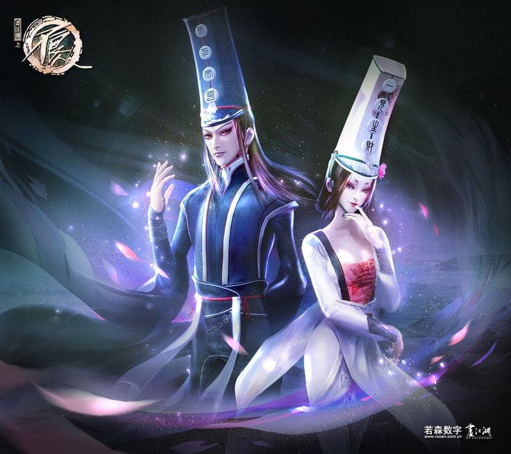 Tượng Bạch Vô Thường với lưỡi dài đặc trưng và Hắc Vô Thường uy nghiêm, biểu tượng của sứ giả địa phủ.
