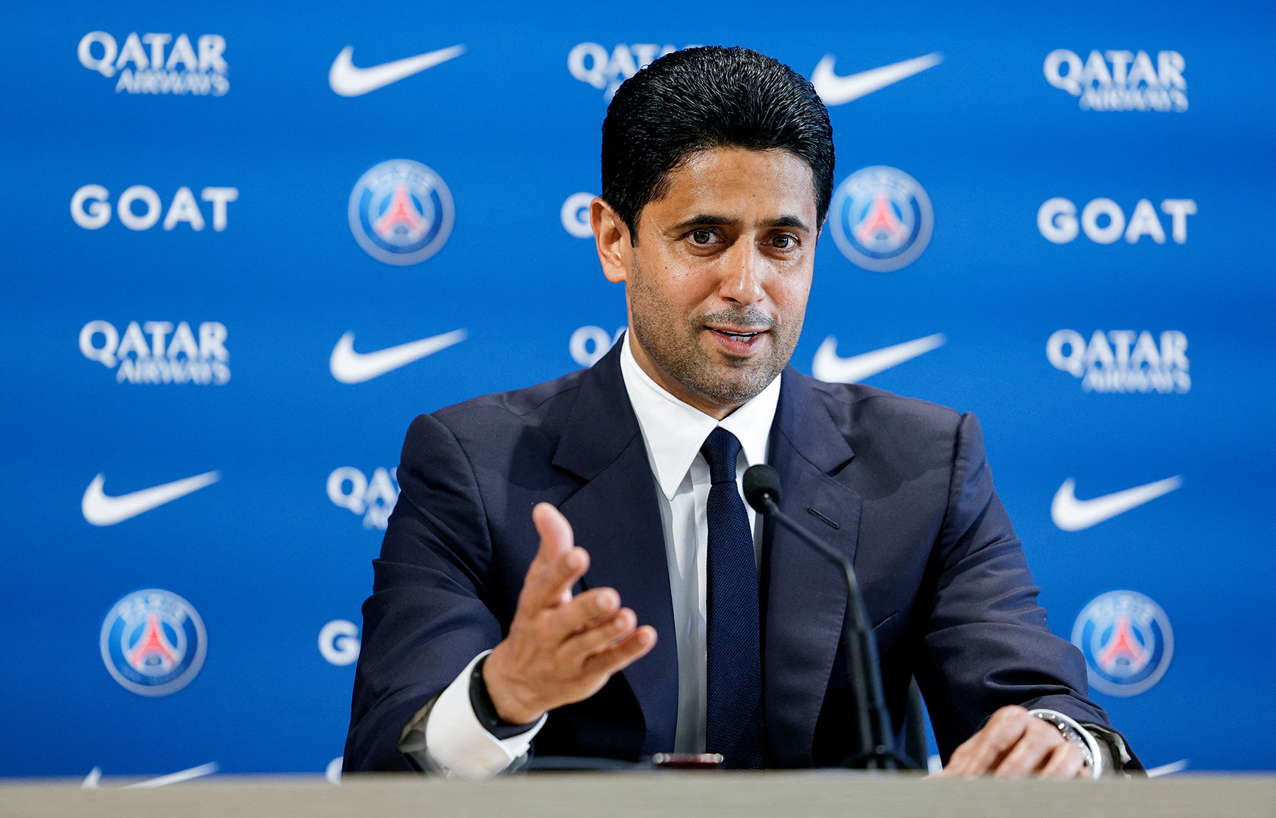 Chủ tịch Nasser Al Khelaifi tại buổi họp báo PSG năm 2023