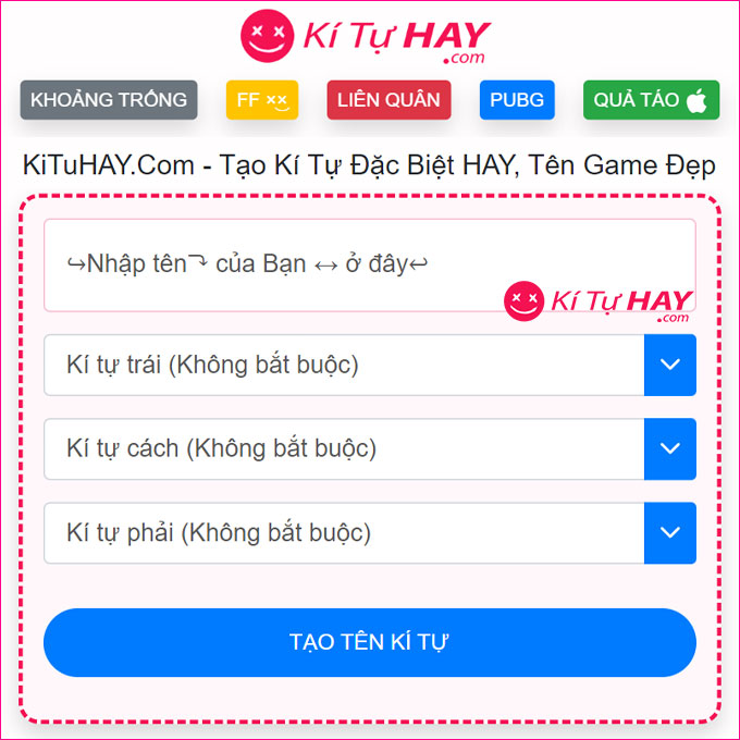 Giao diện Kituhay.com cung cấp công cụ tạo kí tự đặc biệt dễ sử dụng