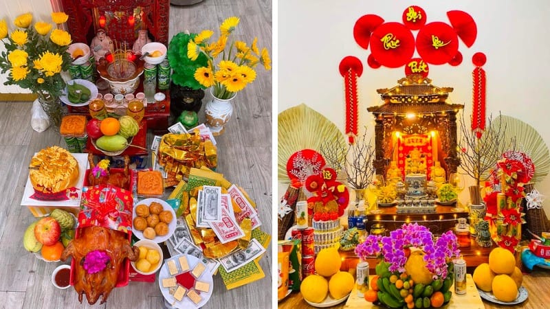 Mâm cúng đầy đủ lễ vật cho ngày Vía Thần Tài, bày biện trang trọng để cầu tài lộc