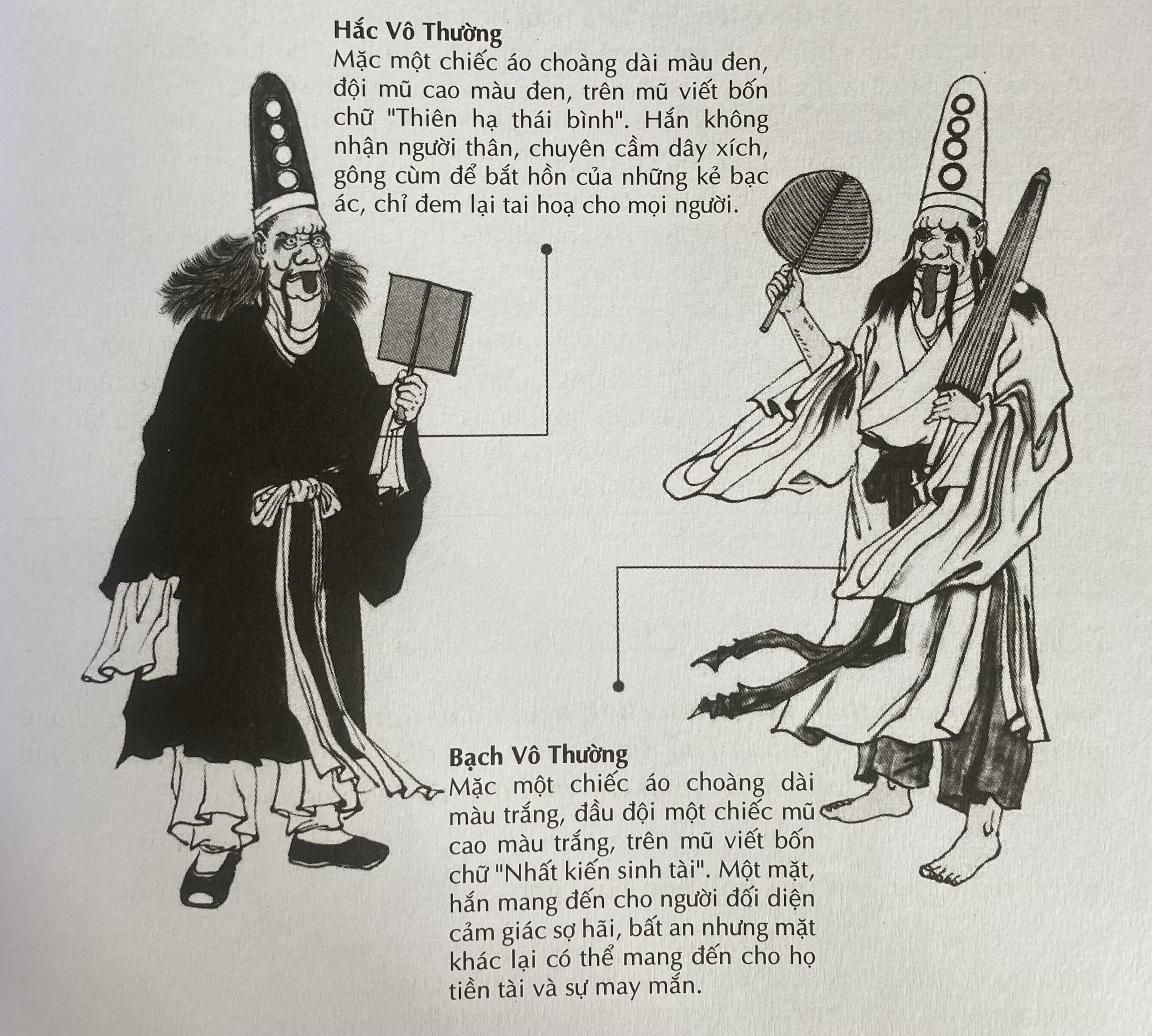 Minh họa Hắc Bạch Vô Thường trong trang phục truyền thống, đại diện cho công lý âm gian.